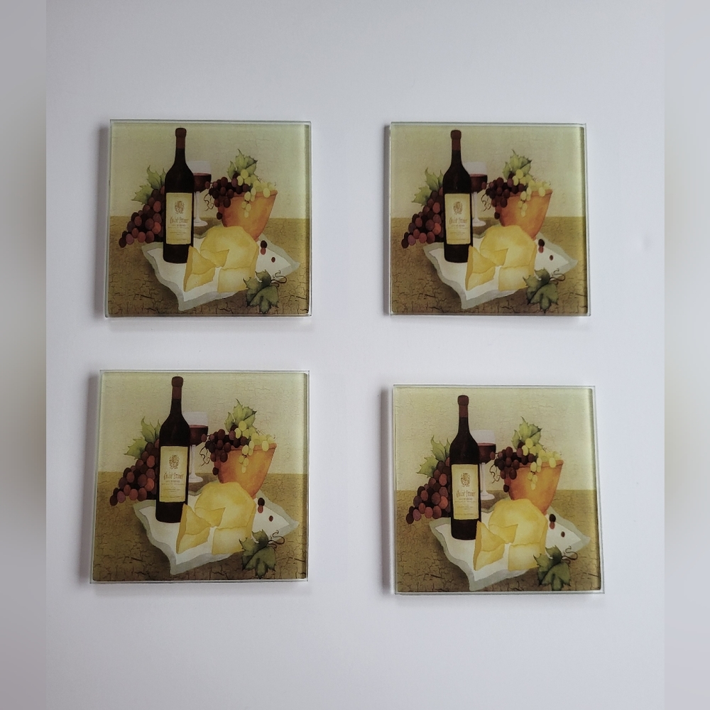 Glass 3.5" x 3.5" Square Drink Coasters w/Wine, Cheese & Grape Design Set of 4